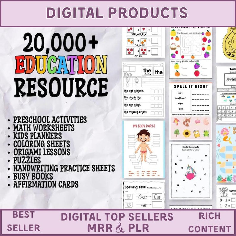 20,000+ Kids Learning Worksheets: Mega Bundle PLR MRR (Digital Download)