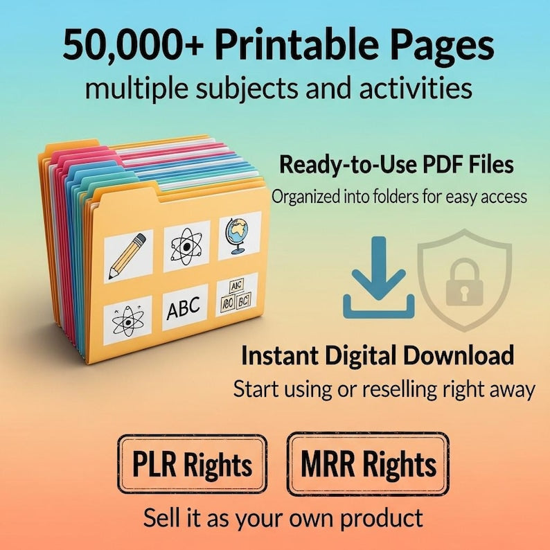 50,000+ Kids Educational Printables Bundle – Worksheets, Activities, Books & Materials | PLR MRR DFY Digital Product for Resale