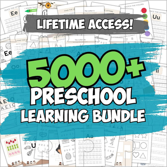 5000+ Preschool Pre-K + Kindergarten Learning Bundle, Activity Worksheets, Alphabet, Numbers, Shapes, Colors, Coloring pages, Do a Dot