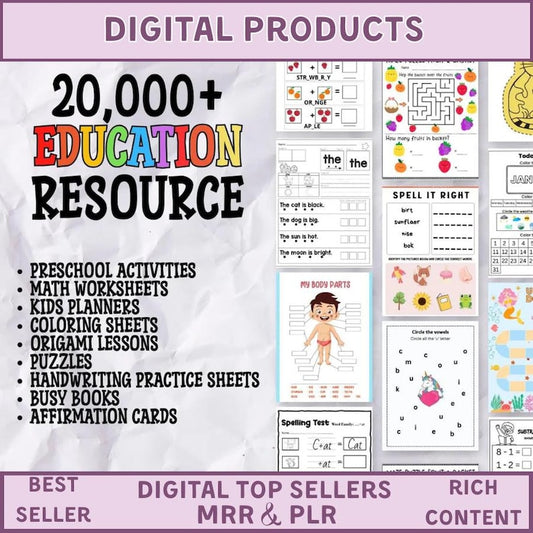 20,000+ Kids Learning Worksheets: Mega Bundle PLR MRR (Digital Download)